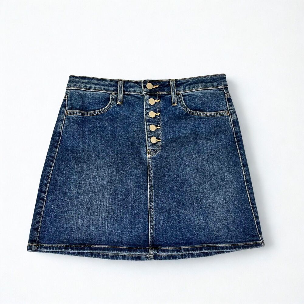 Just Black Denim Skirt Women L A-Line Button Front Medium Wash Stretch USA Made